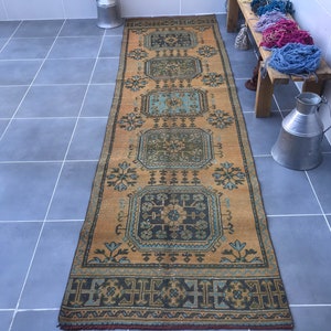 Alfombra de corredor tribal, alfombra de corredor de oushak, alfombra de oushak vintage, 10'5x3'0feet, alfombras de corredor azul, alfombra ecléctica boho, alfombra de envío gratis, alfombra nómada imagen 7