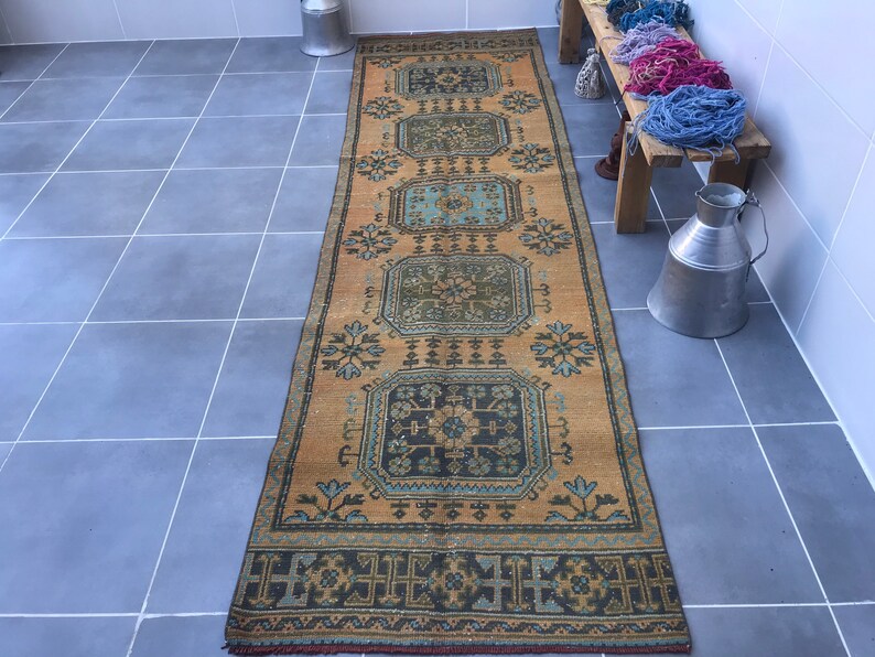 Alfombra de corredor tribal, alfombra de corredor de oushak, alfombra de oushak vintage, 10'5x3'0feet, alfombras de corredor azul, alfombra ecléctica boho, alfombra de envío gratis, alfombra nómada imagen 7