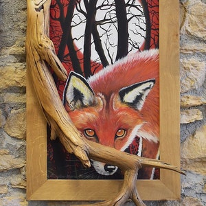 Mystisk räv, skogsräv, målning av en månräv, LesLdelili handgjord grenskulptur, förtrollad skog