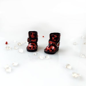 Chique leren schoenen voor Blythe-poppen, rood leer met luipaardpatroon, realistische Blythe-schoenen