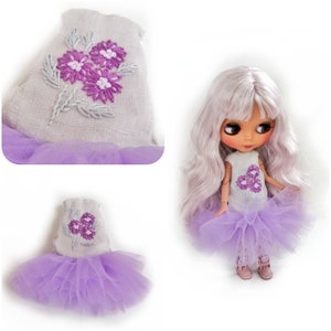 Purple hand-embroidered dress, linen apparel with tutu skirt for Blythe dolls 12&#39;&#39; (30 cm), beatiful doll clothes