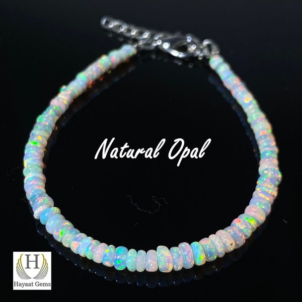 Bracelet opale australienne blanche 4-5 mm Bracelet opale de feu arc-en-ciel Bracelet de perles d'opale en argent sterling, bracelet d'opale minimaliste, bijoux en opale