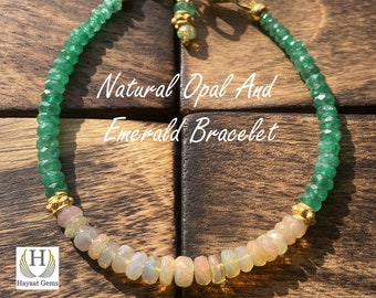 Ethiopian Opal & Emerald Beaded Bracelet: Rainbow Fire Gemstone