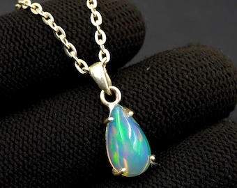 Ethiopian Opal Pear Shape Silver Pendant - Multi Fire Gemstone Jewelry