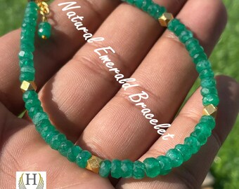 Natural Emerald Faceted Beads Bracelet Zambian Green Crystal Bracelet, May Birthstone Gemstone Bracelet, Emerald Rough Beads Jewelry Gift