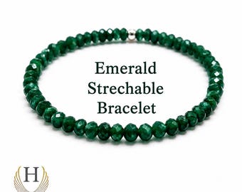 Faceted Emerald Beads Bracelet: Handmade Gemstone Stretch Bracelet