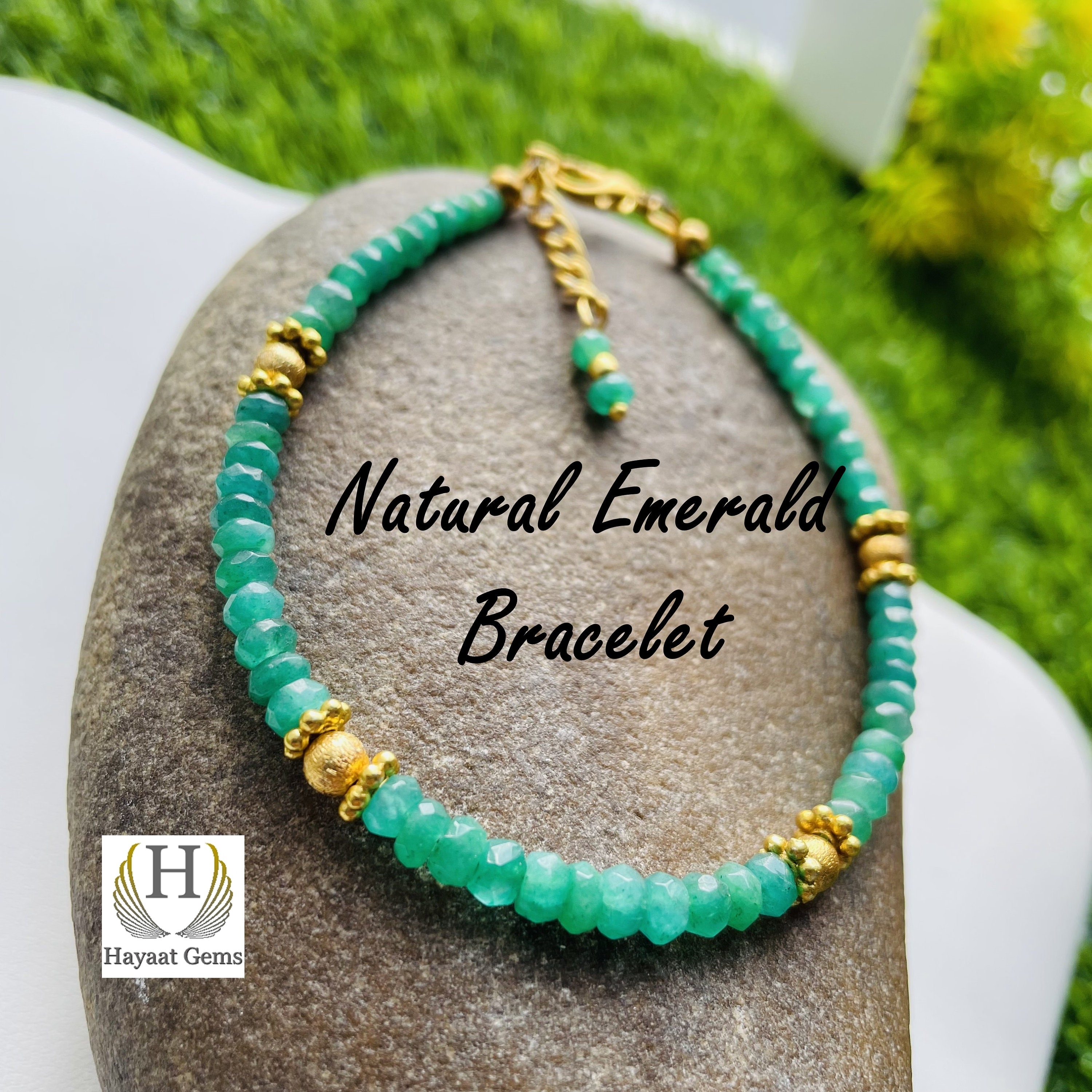 Bracelet En Perles D'émeraude Naturelle à Facettes - Fait Main, Ajustable - Neuf