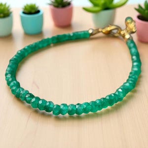 Dainty Zambian Emerald Beaded Bracelet: Sterling Silver, Faceted Gemstone