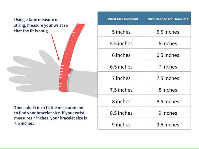 May include: A chart showing how to measure your wrist for bracelets. The chart shows wrist measurements in inches and the corresponding bracelet size needed in inches. The chart also includes an illustration of a hand with a tape measure around the wrist.