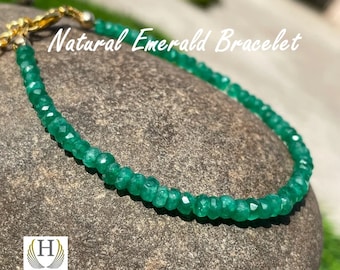 Zambian Emerald Beaded Bracelet: Faceted Raw Green Gemstone, Gold Filled
