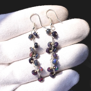 Pendientes de ópalo etíope negro natural, plata 925, cuentas de cabujón de múltiples fuegos