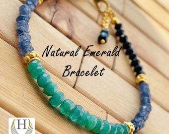 AAA Emerald Sapphire Spinal Bracelet: Faceted Gemstone Beaded Bracelet