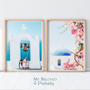 Mamma Mia Cubicle Decor Set of 2 Santorini Greek Island Minimalist Wall Art Greek Poster Greece Print Greek Church