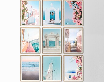 Mamma Mia-tryck, set med 9 st, studentrum, flickrumsdekor, Santorini-bås, väggkonst, collagekit, bohemisk heminredning, rosa blå, grekisk affisch