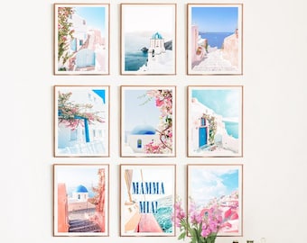 Studentrumsdekor Mamma Mia set med 9 Santorini-flickrumsdekoration, väggkonst, collagekit, fest, bohemiskt hem, rosa, blå, grekisk affisch, indie