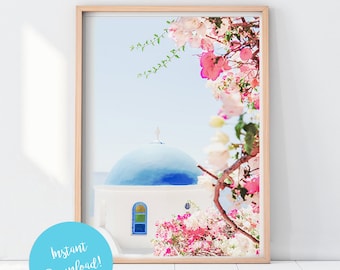 Santorini grekisk ö Mamma Mia Gamla stan resetryck minimalistisk väggkonst sommar rosa blå grekisk affisch grekisk kyrka