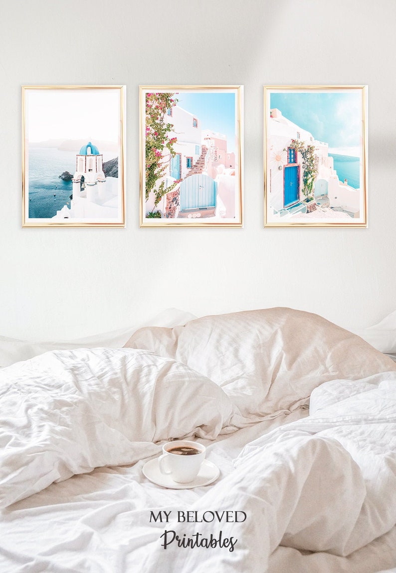 Studentrumsdekor Mamma Mia Set med 3 Santorini Grekland-tryck Flickrum Hemmabås Väggkonst Collage Kit Boho Rosa Blå Grekisk Poster Indie bild 3