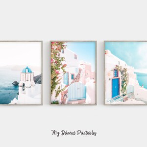 Studentrumsdekor Mamma Mia Set med 3 Santorini Grekland-tryck Flickrum Hemmabås Väggkonst Collage Kit Boho Rosa Blå Grekisk Poster Indie bild 4