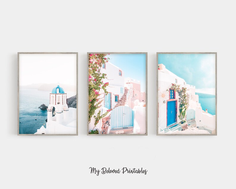 Studentrumsdekor Mamma Mia Set med 3 Santorini Grekland-tryck Flickrum Hemmabås Väggkonst Collage Kit Boho Rosa Blå Grekisk Poster Indie bild 4