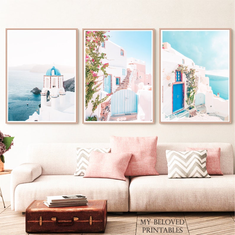 Studentrumsdekor Mamma Mia Set med 3 Santorini Grekland-tryck Flickrum Hemmabås Väggkonst Collage Kit Boho Rosa Blå Grekisk Poster Indie bild 2