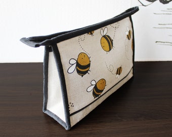 Linen Cosmetic Bag, Bees design make up bag, Ecological bag, Natural linen bag, Playful and stylish cosmetic case