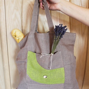 Linen Shopping Bag, Natural Linen Tote Bag In Gray/Green, Foldaway Bag, Ecological bag image 4