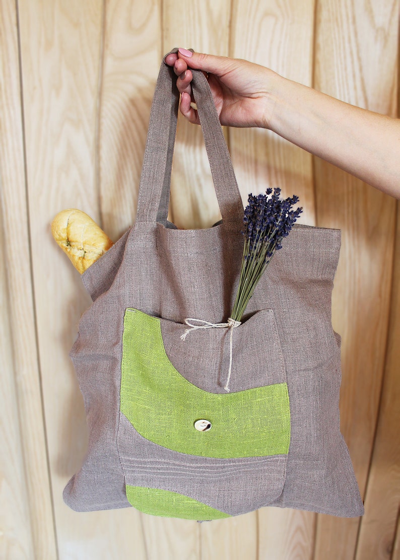 Linen Shopping Bag, Natural Linen Tote Bag In Gray/Green, Foldaway Bag, Ecological bag image 4