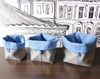 Set of 3 Linen Storage Bags, Natural Linen Bags in baby blue/grey, Ecological bags