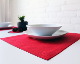 Set of 2 Linen Placemats, Red Table Decor, Dining Holiday Tablecloth
