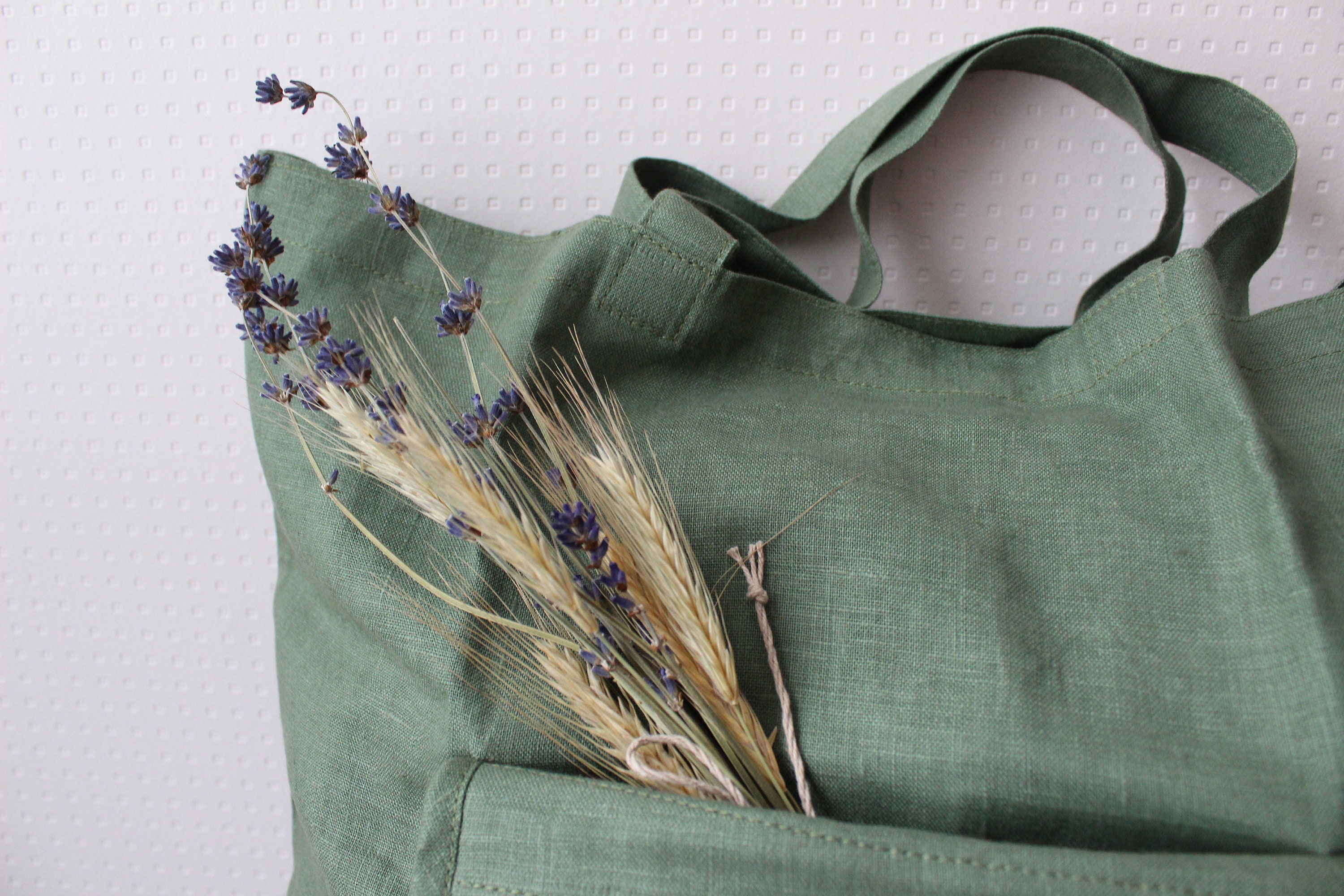 Linen Shopping Bag Natural Linen Tote Bag in Green Foldaway Etsy UK