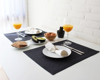 Set of 2 Linen Placemats, Handmade Table Decor, Grey Black Dining Tablecloth