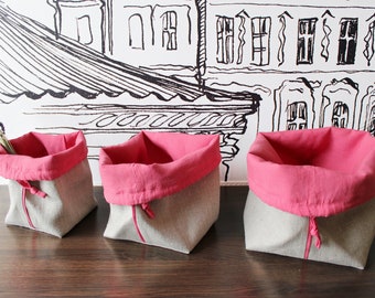 Set of 3 Linen Storage Bags, Natural Linen Bags in grey/pink, Ecological bags