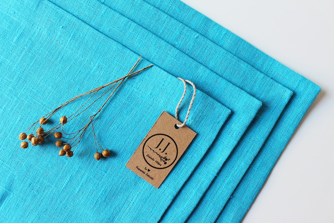 Set of 4 Linen Placemats, Handmade, Table Decor, Turquoise Blue Linen