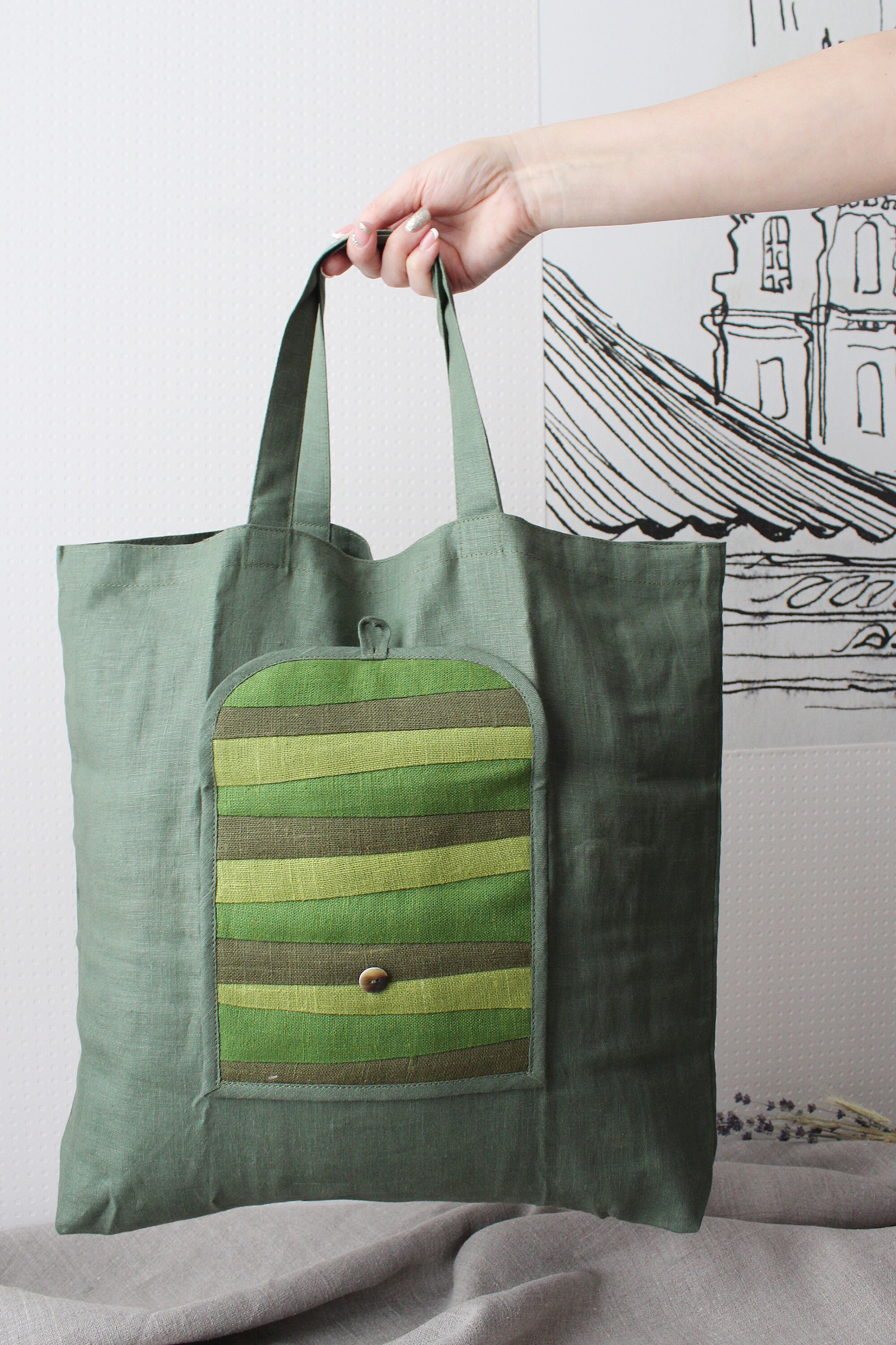 Linen Shopping Bag Natural Linen Tote Bag in Green Foldaway Etsy UK