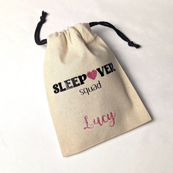 Sleepover Squad Heart Personalised Bag, 5 sizes, Cotton Drawstring Favour Bags, Slumber Party Gift Bags, Spa Birthday Goodie Bags