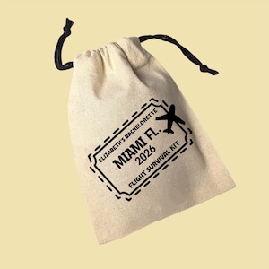 Flight Survival Kit Bag, Small Drawstring Bag Personalised with your Destination Details