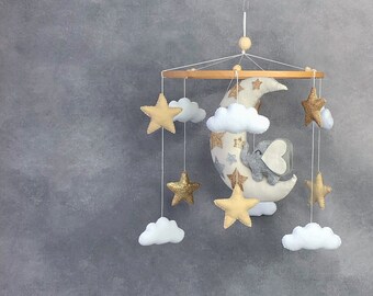 Baby mobile "Elephant on the moon" mobile with the moon stars animals baby mobile for the crib in of minimalism style a gift for a newborn