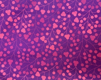 Peut inclure: Tissu violet avec un motif répétitif de points roses et de branches. Les points sont de tailles et de nuances de rose différentes.