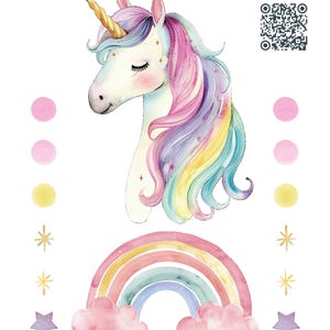 May include: A watercolour illustration of a unicorn with a rainbow and stars. The unicorn has a pink, purple and yellow mane and tail. The rainbow is multi-coloured and has clouds on either side. The stars are gold and purple.