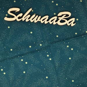 May include: A teal fabric with a gold glitter pattern and the word "SchwaaaBa" written in wood.