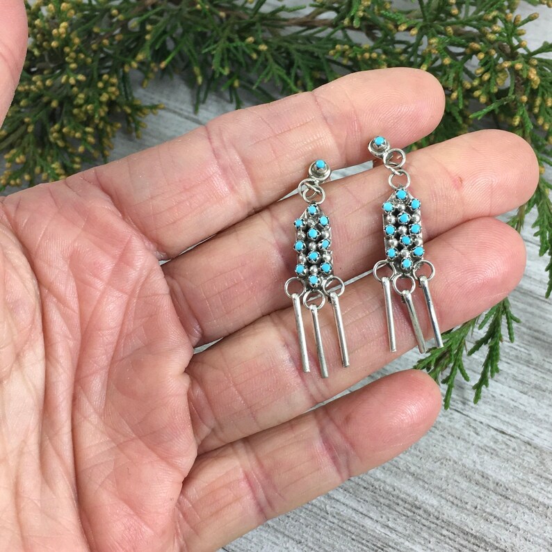 Southwest snake eye jewelry boho dangle fringe earrings made in USA Sterling silver dainty Zuni turquoise dot earrings