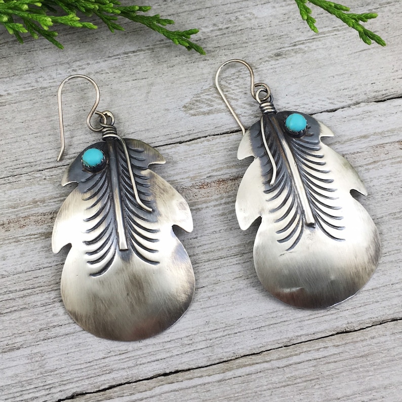 Navajo Turquoise Feather Earrings Sterling Silver Southwest Jewelry Signed Native American TIM YAZZIE