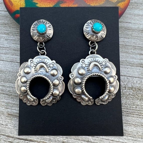 Horseshoe Design Kingman Turquoise Earrings Sterling Silver - Handmade Horseshoe Design Kingman Turquoise Earrings Sterling Silver - Handmade
