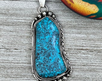 XL extra large, Blue Kingman turquoise pendant 5, Navajo handmade Rita Long, sterling silver, signed