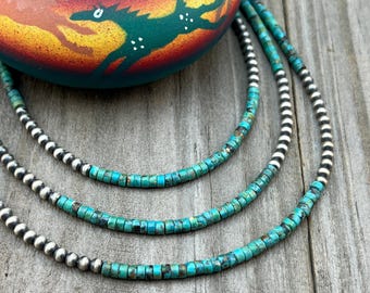 Real 925 sterling silver, 4mm Genuine Turquoise Heishi Necklace Oxidized Rustic Western Pearl Jewelry