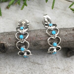 Sterling silver small heart hoop earrings, snake eye turquoise, zuni handmade, huggie