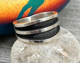 Size 9.5 sterling silver rail band, ring, Navajo handmade Tom Hawk sterling silver signed, heavy made for men or women