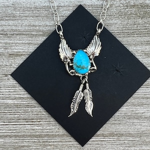 18&quot; Blue Kingman turquoise feather necklace 1, sterling silver, Navajo handmade by Sadie Jim