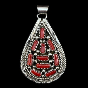 Mediterranean Red Coral Cluster Pendant Navajo handmade Marlene Jones Sterling Silver 2