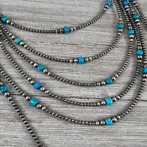 Turquoise with 3mm - 5mm graduated Sterling Silver Pearls Bead Necklace, Oxidized Silver, Western Jewelry Southwest Pearls